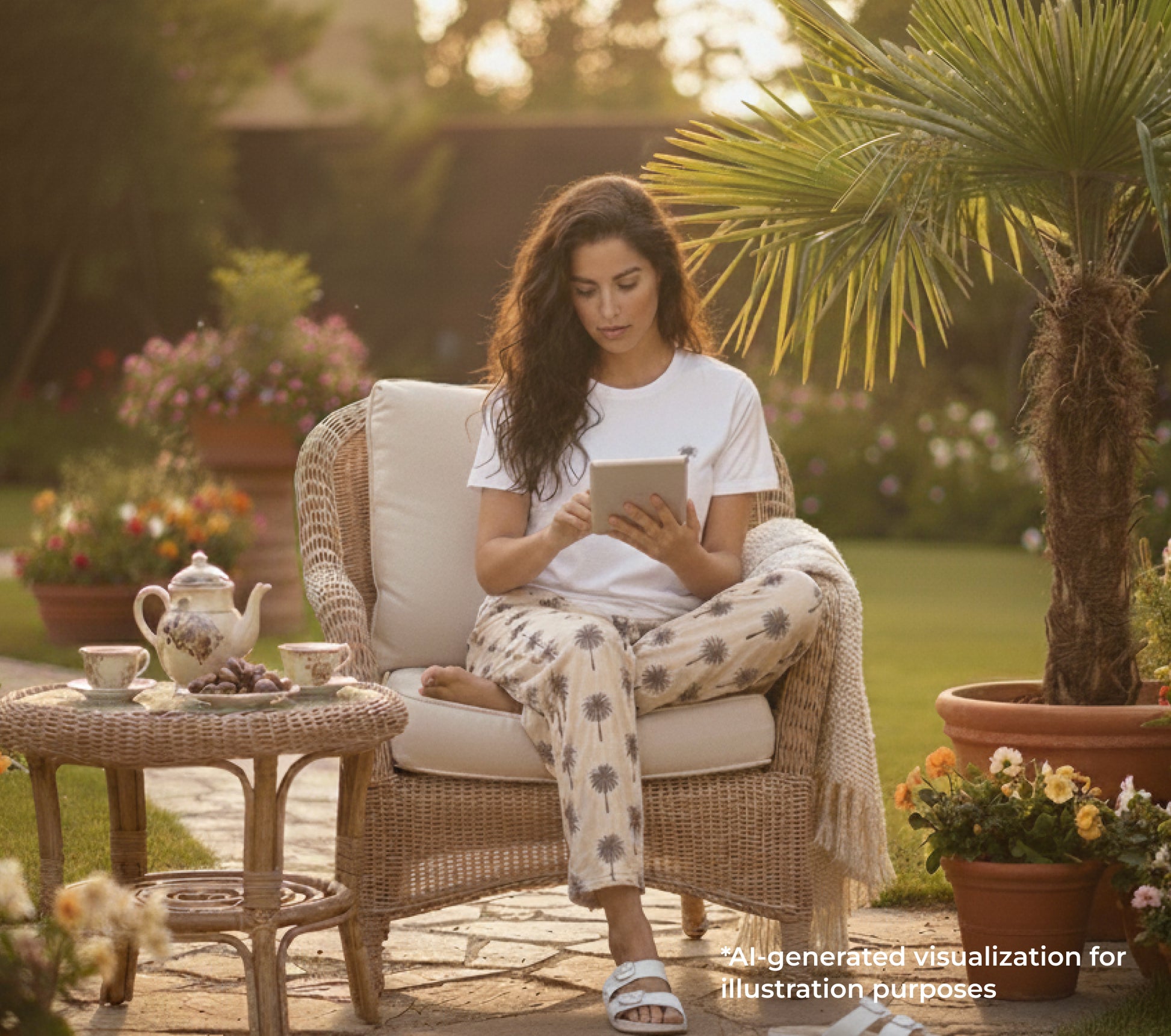 Woman sitting in a garden chair reading a tablet with a teacup and teapot on a small table.