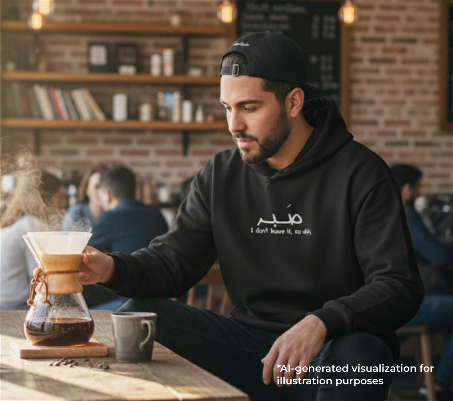 Man in a black hoodie pouring coffee in a cafe setting