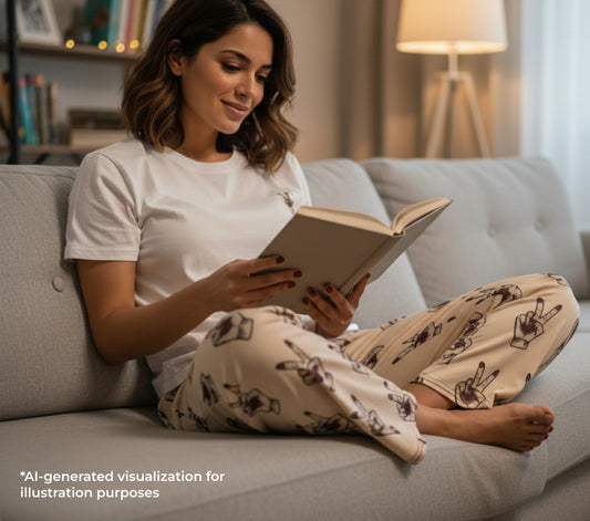 Woman reading a book on a couch in a cozy living room.