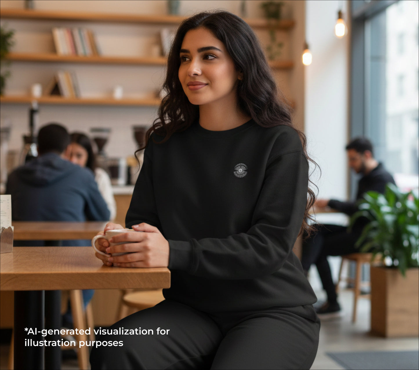 Woman in a black sweatshirt with a small embroidered pearl and pants holding a mug in a cafe setting