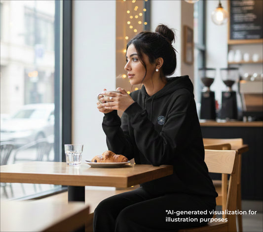 Woman sitting at a cafe table with a cup and pastry