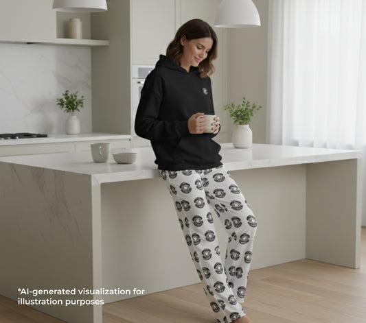 Woman in a kitchen wearing a black hoodie and patterned pants, holding a mug.