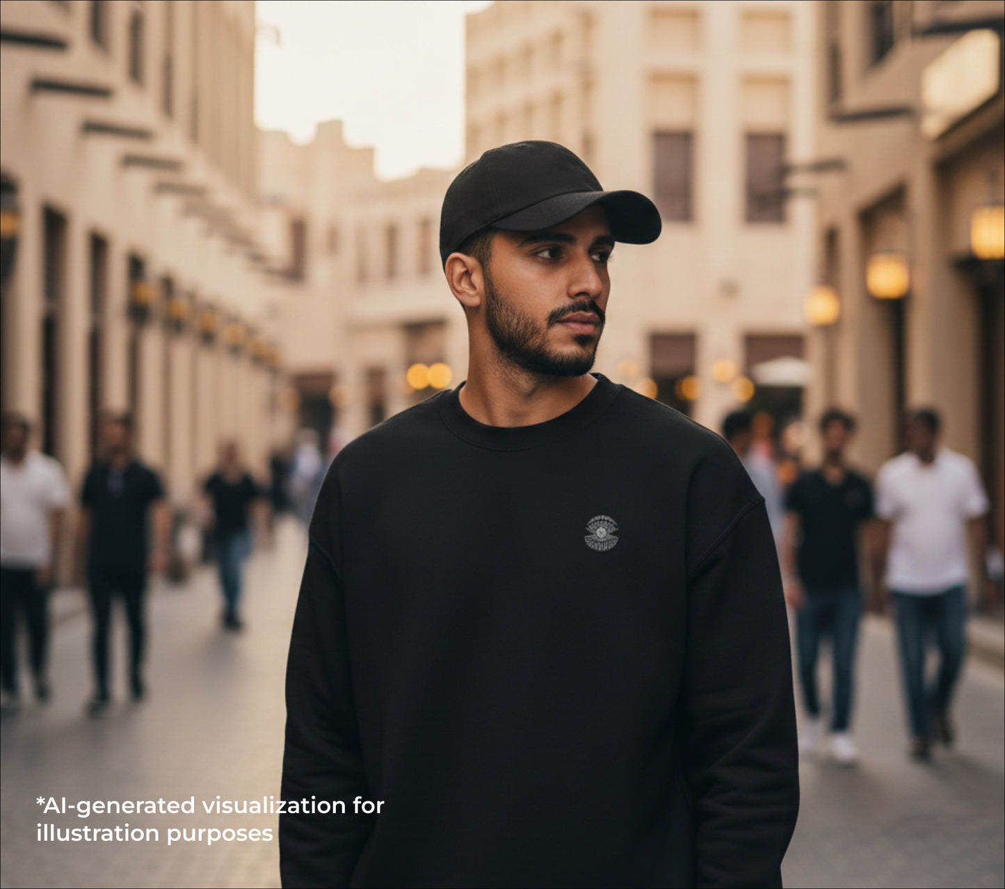 Man wearing a black cap and black sweatshirt in an urban setting with blurred people in the background