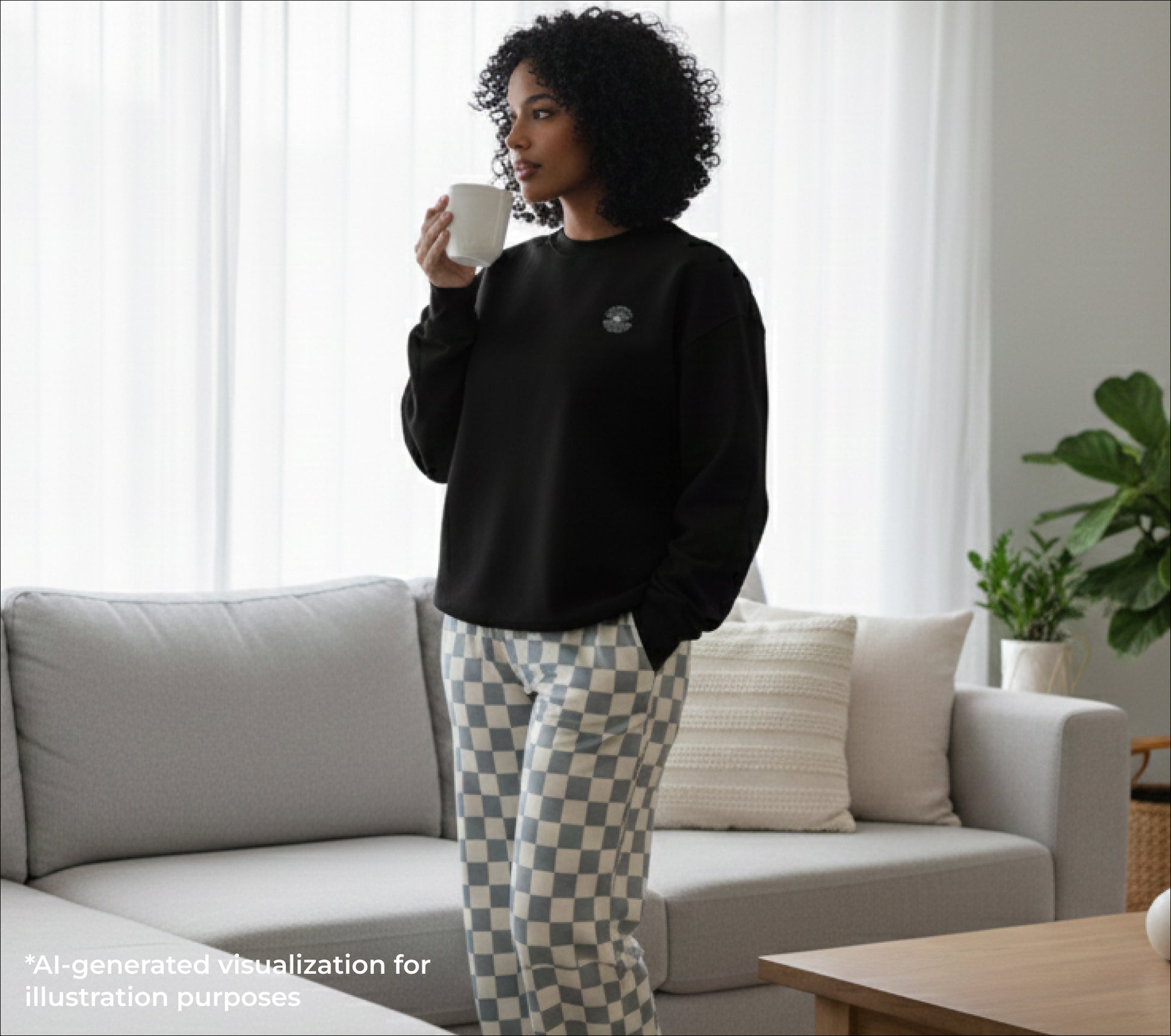 A woman standing holding a coffee mug, and she's wearing a black with an embroidered pearl and white and grey checkered pants.