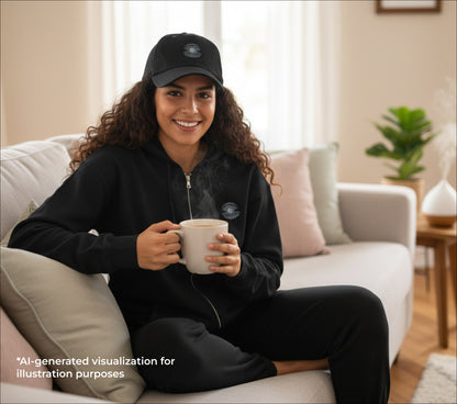 A woman in a black zip hoodie and a black dad hat with an embroidered pearl in them, sitting on a couch and she's drinking coffee