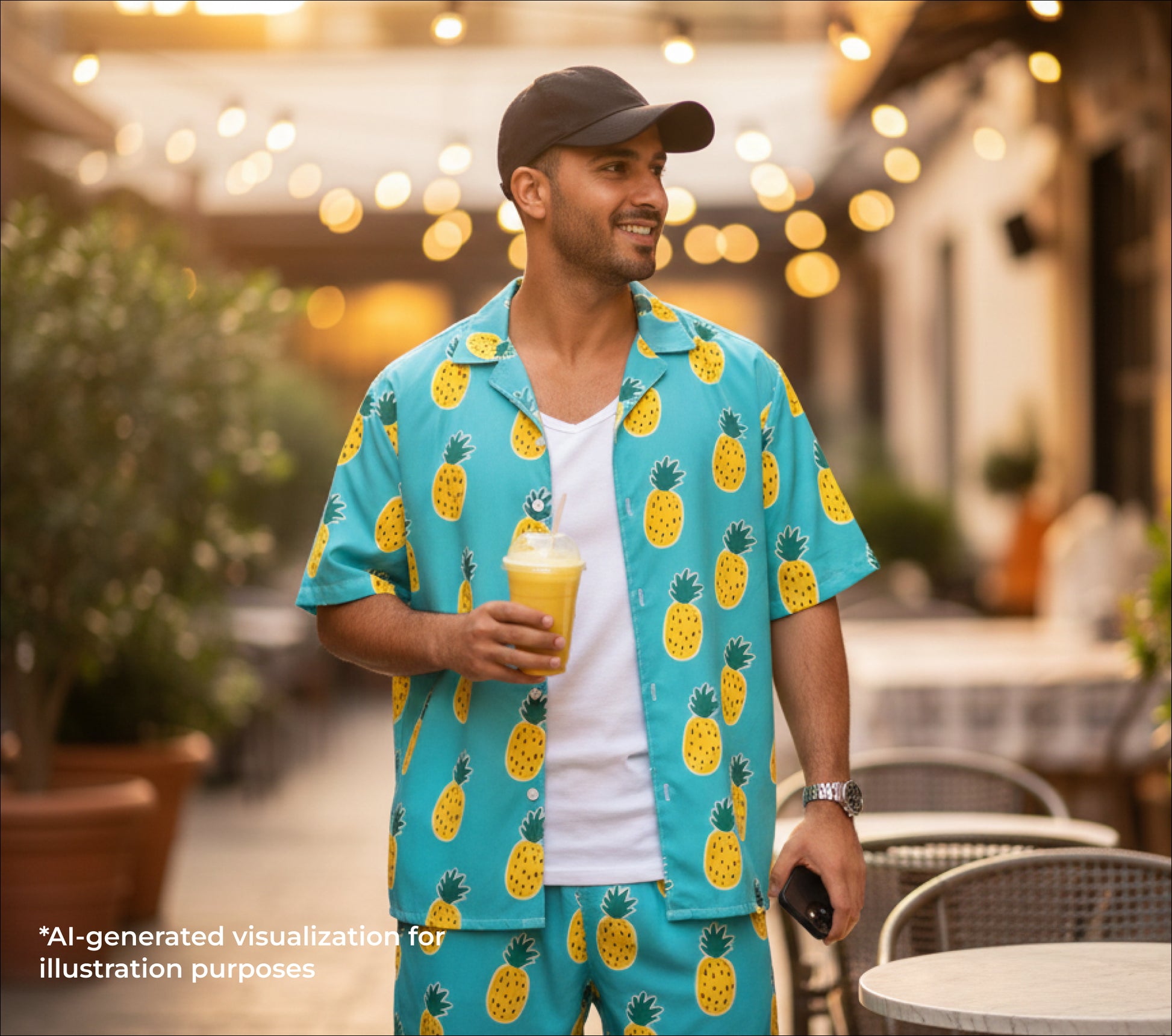 Man wearing a pineapple-patterned shirt and shorts, holding a drink, with a blurred outdoor background.