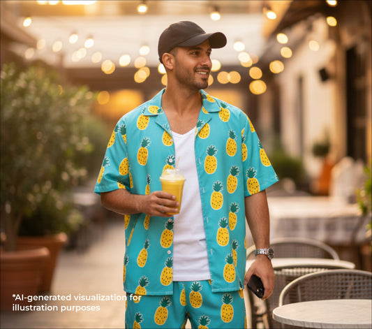 Man wearing a pineapple-patterned shirt and shorts, holding a drink, with a blurred outdoor background.
