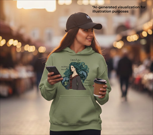 Woman wearing a green hoodie with a pisces design, holding a phone and a coffee cup in an outdoor market setting.