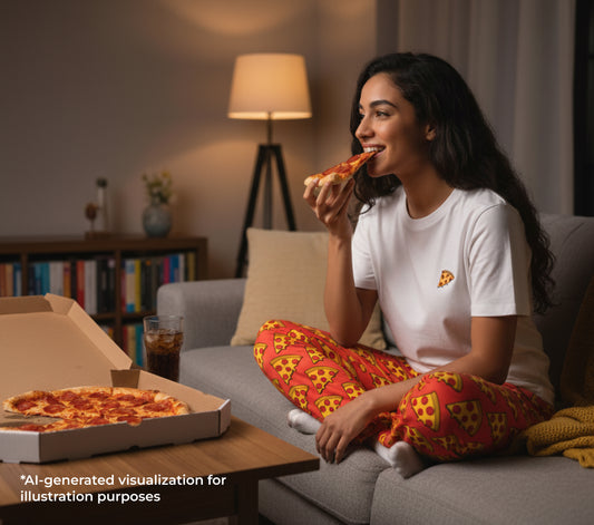 Woman eating pizza in a cozy living room with a pizza box on the table.