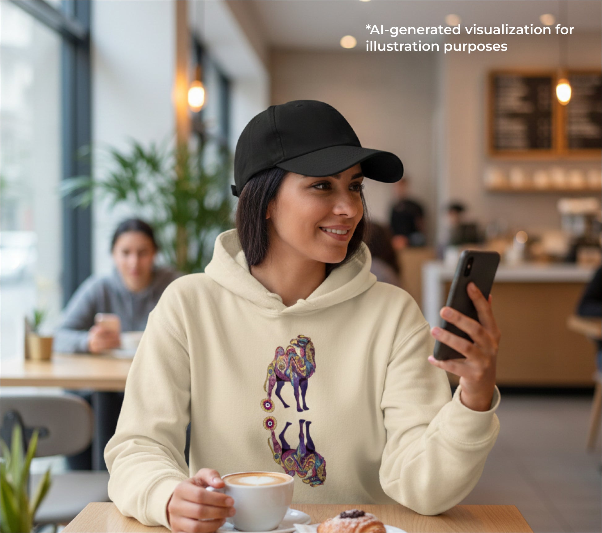 Woman in a cafe wearing a hoodie with a camel design, holding a phone.