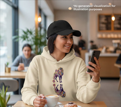 Woman in a cafe wearing a hoodie with a camel design, holding a phone.