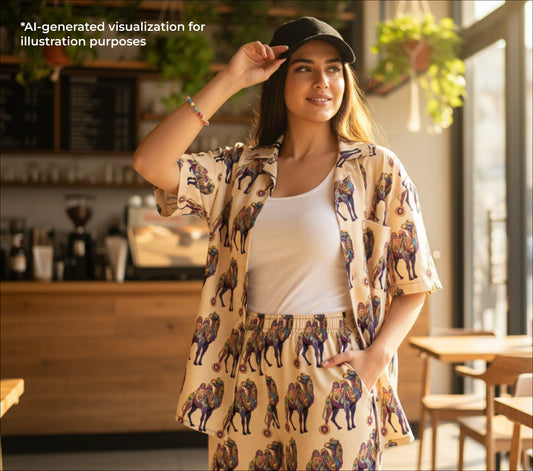 Woman wearing a psychedelic camel patterned outfit in a cafe setting 