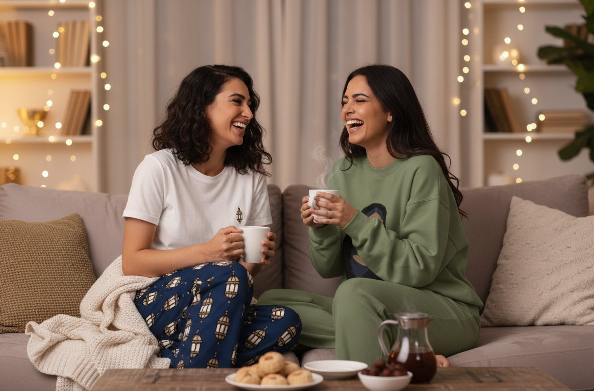 Two women sitting on a couch, laughing and holding coffee cups in a cozy living room.