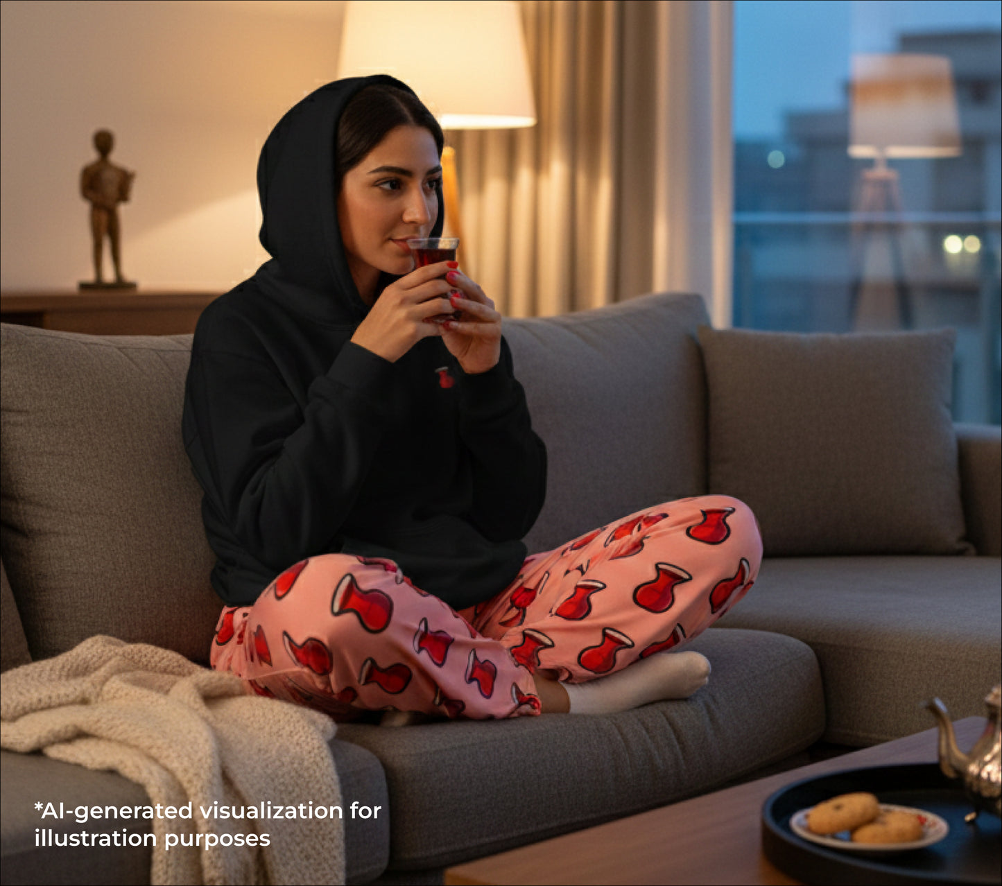 Woman sitting on a couch wearing a black hoodie and cherry-patterned pants, holding a smartphone.
