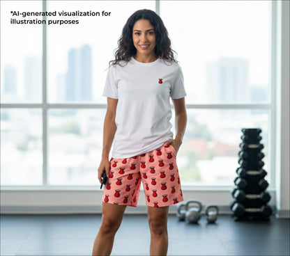 Woman in a white t-shirt and pink shorts with red tea patterns in a gym setting