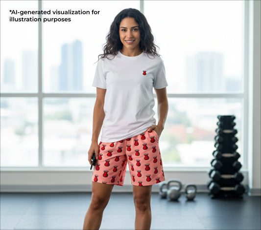 Woman in a white t-shirt and pink shorts with red tea patterns in a gym setting