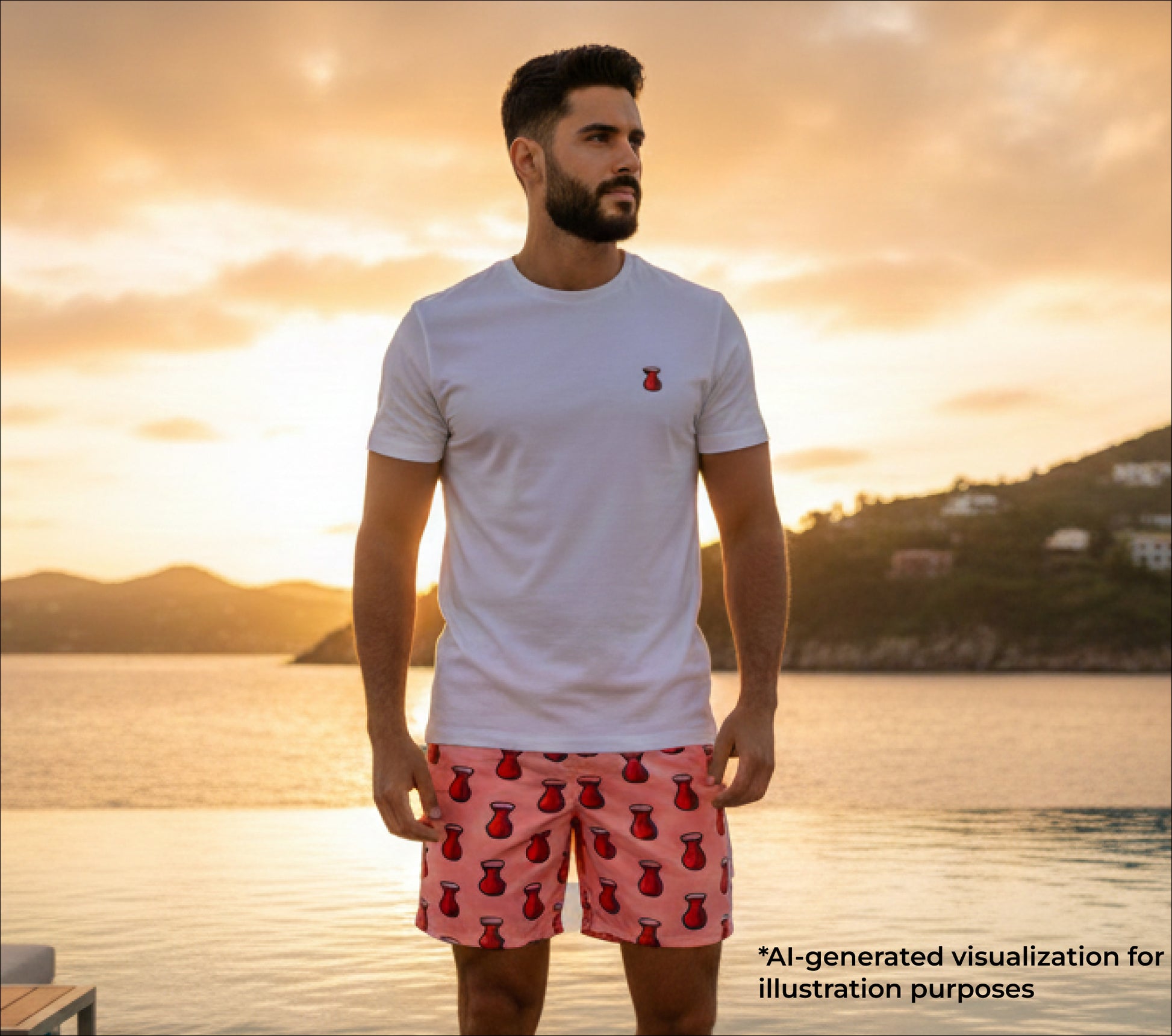 Man wearing a white t-shirt and red shorts with a sunset and water background