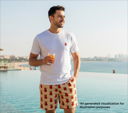 Man holding a drink by a pool with a scenic background
