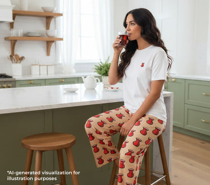 Woman sitting on a kitchen counter wearing a white t-shirt with a red tea design and patterned pants.
