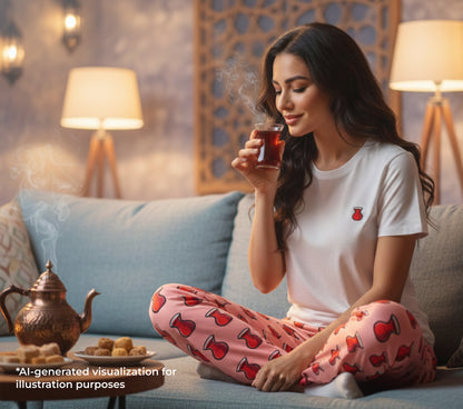 Woman sitting on a couch, holding a glass of tea with a teapot and snacks on a table.