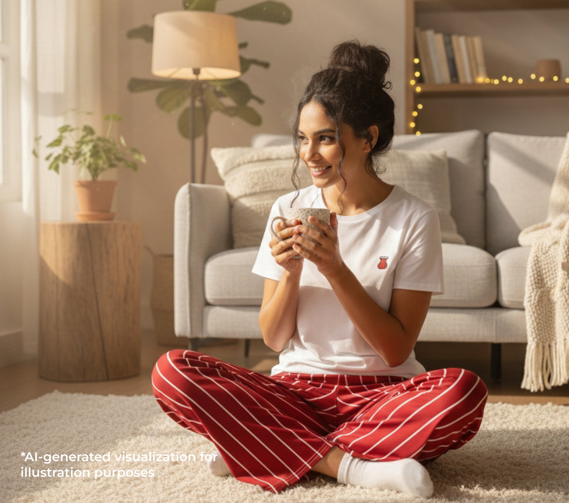 A woman sitting on the floor wearing a white t-shirt with a small red tea print and a red & white striped pants.