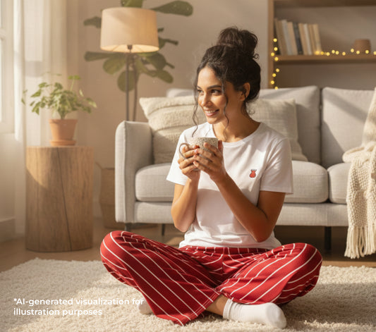 A woman sitting on the floor wearing a white t-shirt with a small red tea print and a red & white striped pants.