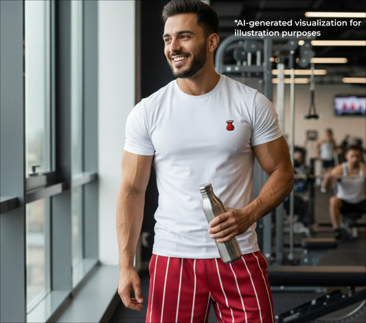 Man in a gym wearing a white t-shirt with a red tea and red and white striped shorts, holding a water bottle.