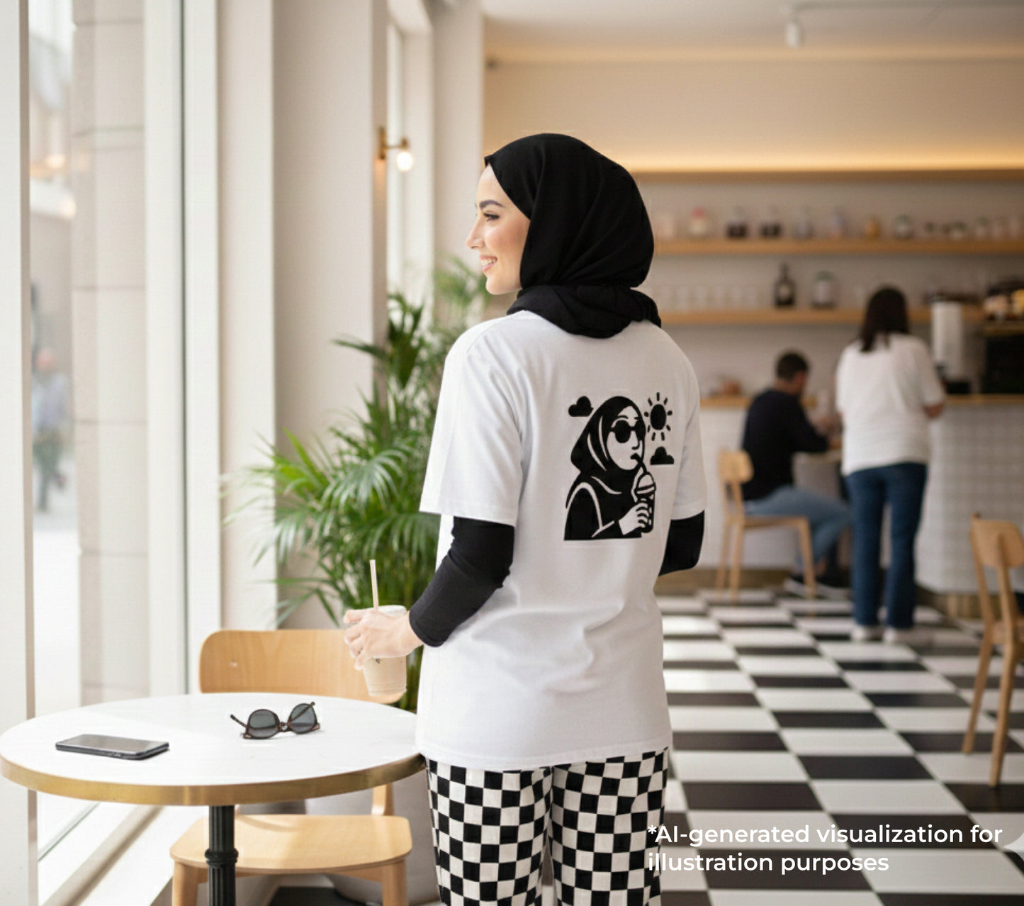 A woman wearing a t-shirt with a cool design in the back and black and white checkered pants and she's in a coffee shop