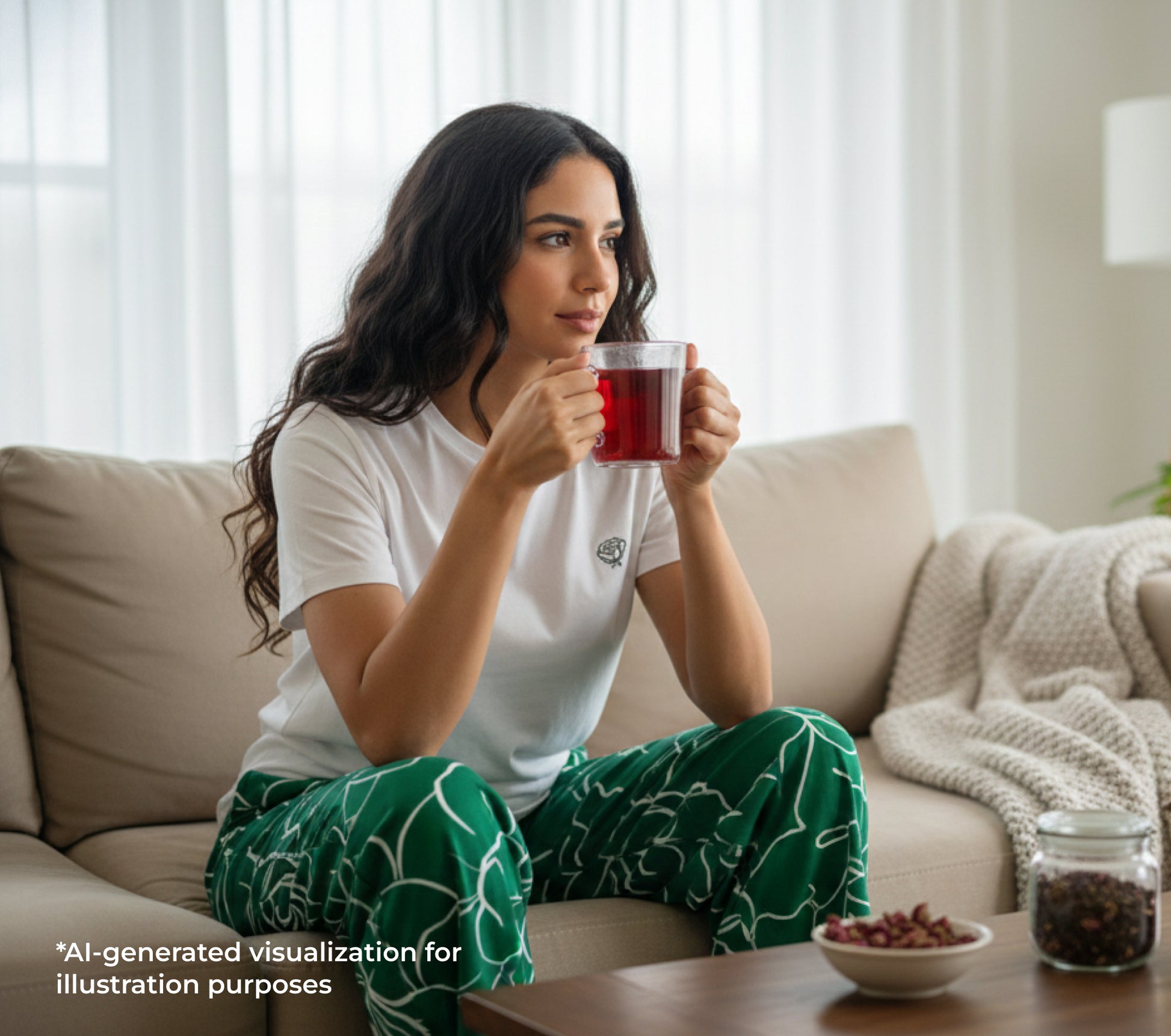 Woman sitting on a couch holding a mug of red liquid in a cozy living room.