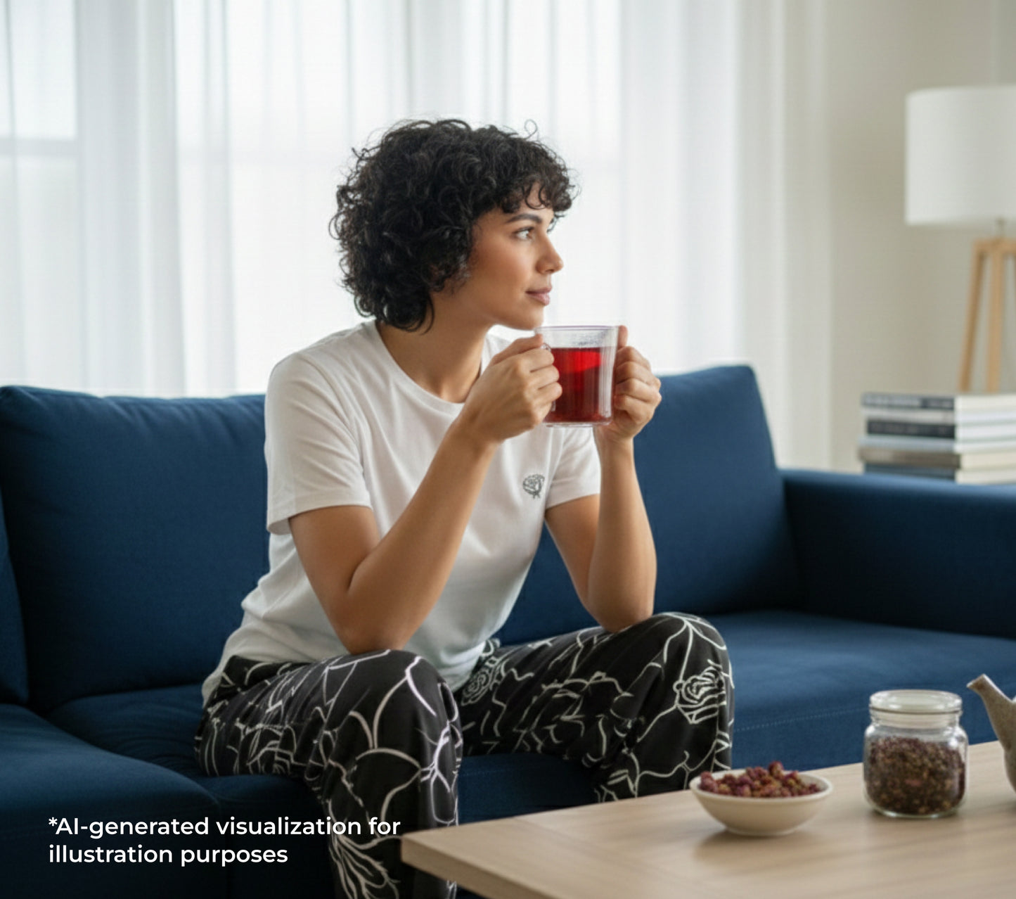 Woman sitting on a blue couch holding a mug of tea in a cozy living room.