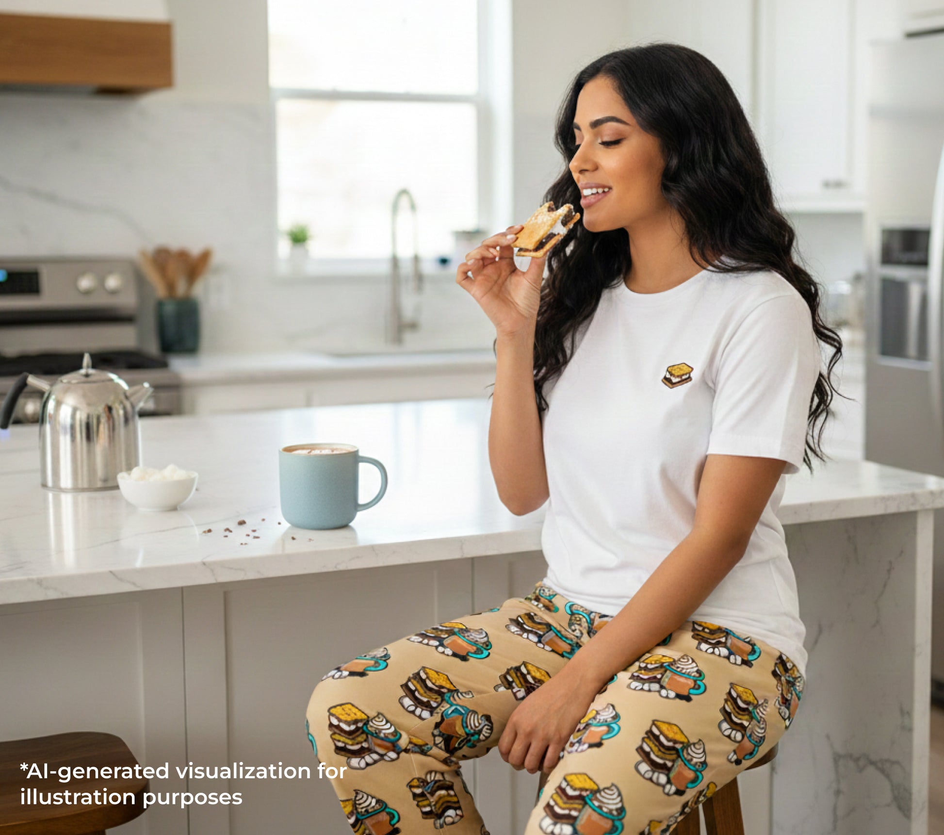 Woman in s'mores patterened pants and t-shirt sitting in a kitchen eating s'mores.