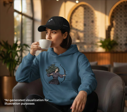Person wearing a blue hoodie with a Sagittarius graphic design, sitting on a couch and drinking from a cup.