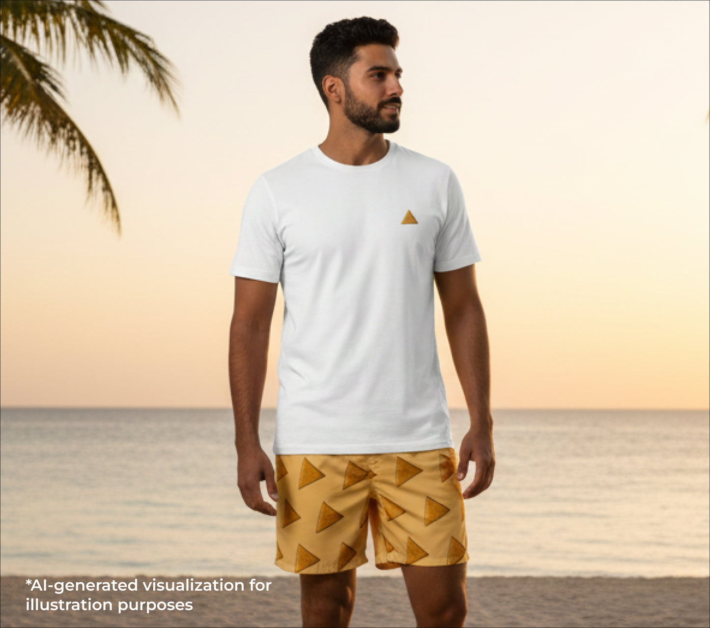 Man wearing a white t-shirt and samosa patterned shorts standing on a beach with palm trees.