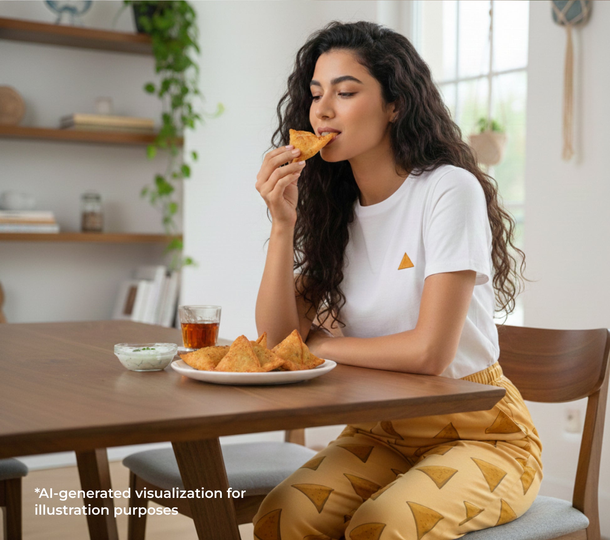 Woman eating samosas at a table in a bright room