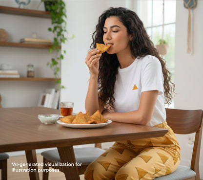 Woman eating samosas at a table in a bright room