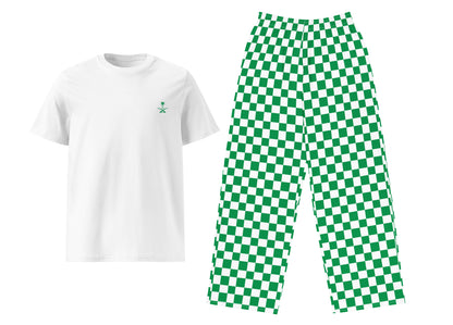 White t-shirt with a small logo and green checkered pants on a white background