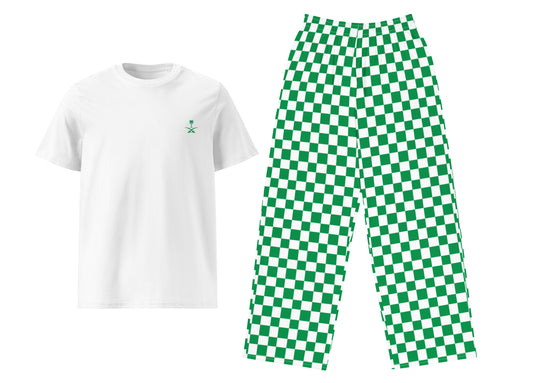 White t-shirt with a small logo and green checkered pants on a white background