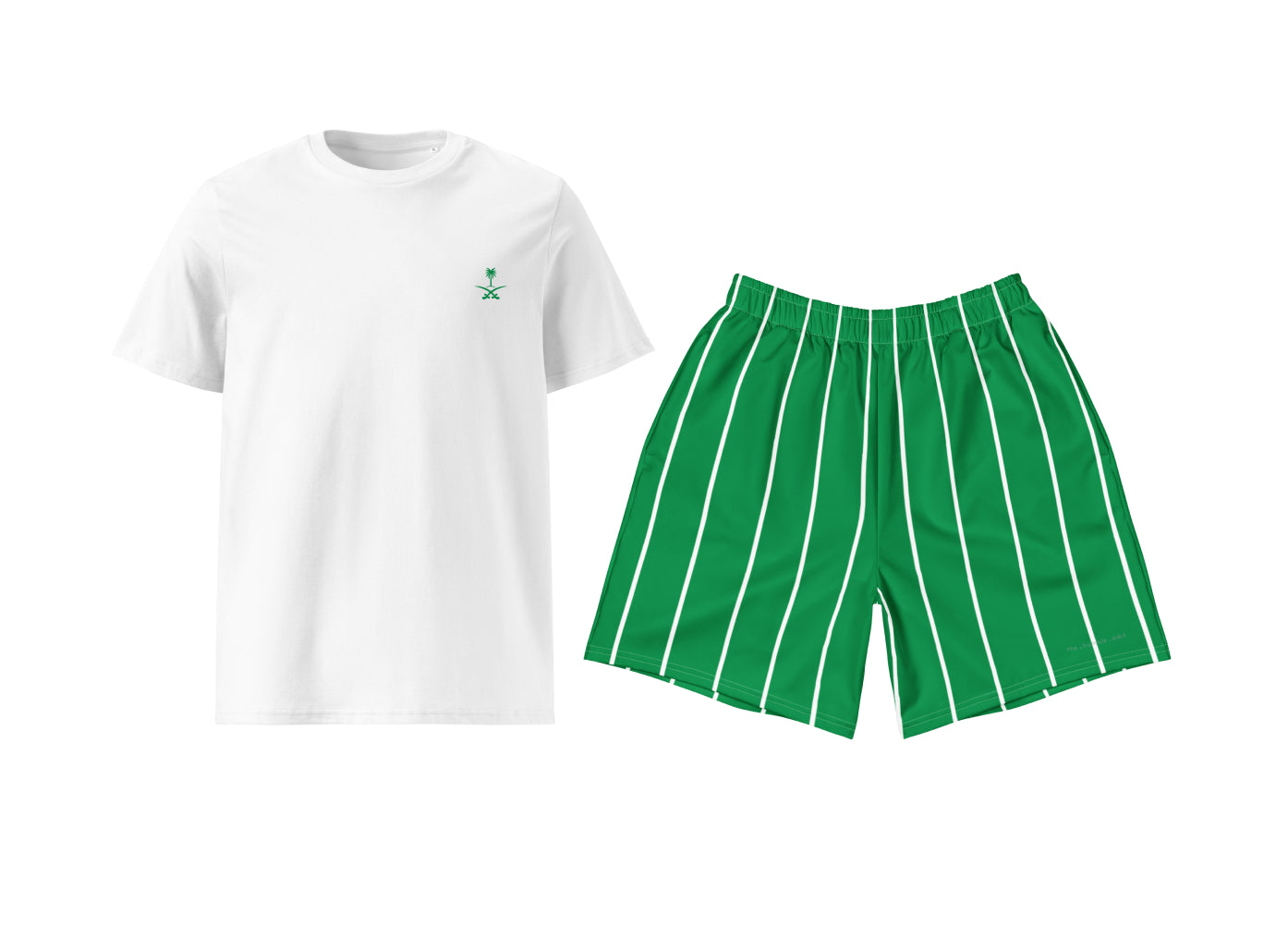 Saudi Emblem (Green & White Stripes) T-Shirt & Athletic Long Shorts Set