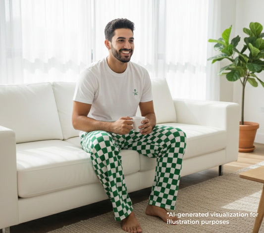 Man sitting on a white couch wearing green and white checkered pants, holding a mug.