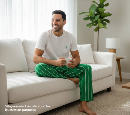 Man sitting on a white couch wearing a white t-shirt and green pajama pants, holding a phone.