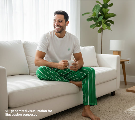 Man sitting on a white couch wearing a white t-shirt and green pajama pants, holding a phone.