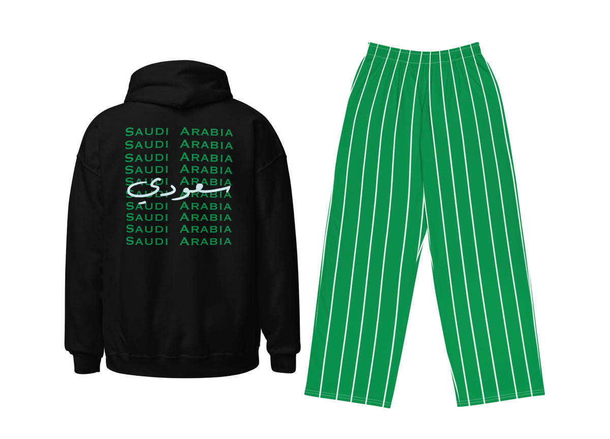 Black hoodie with 'Saudi Arabia' text and green pinstripe pants on a white background