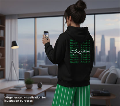 Person wearing a black hoodie with 'Saudi Arabia' text, taking a photo in a modern living room.