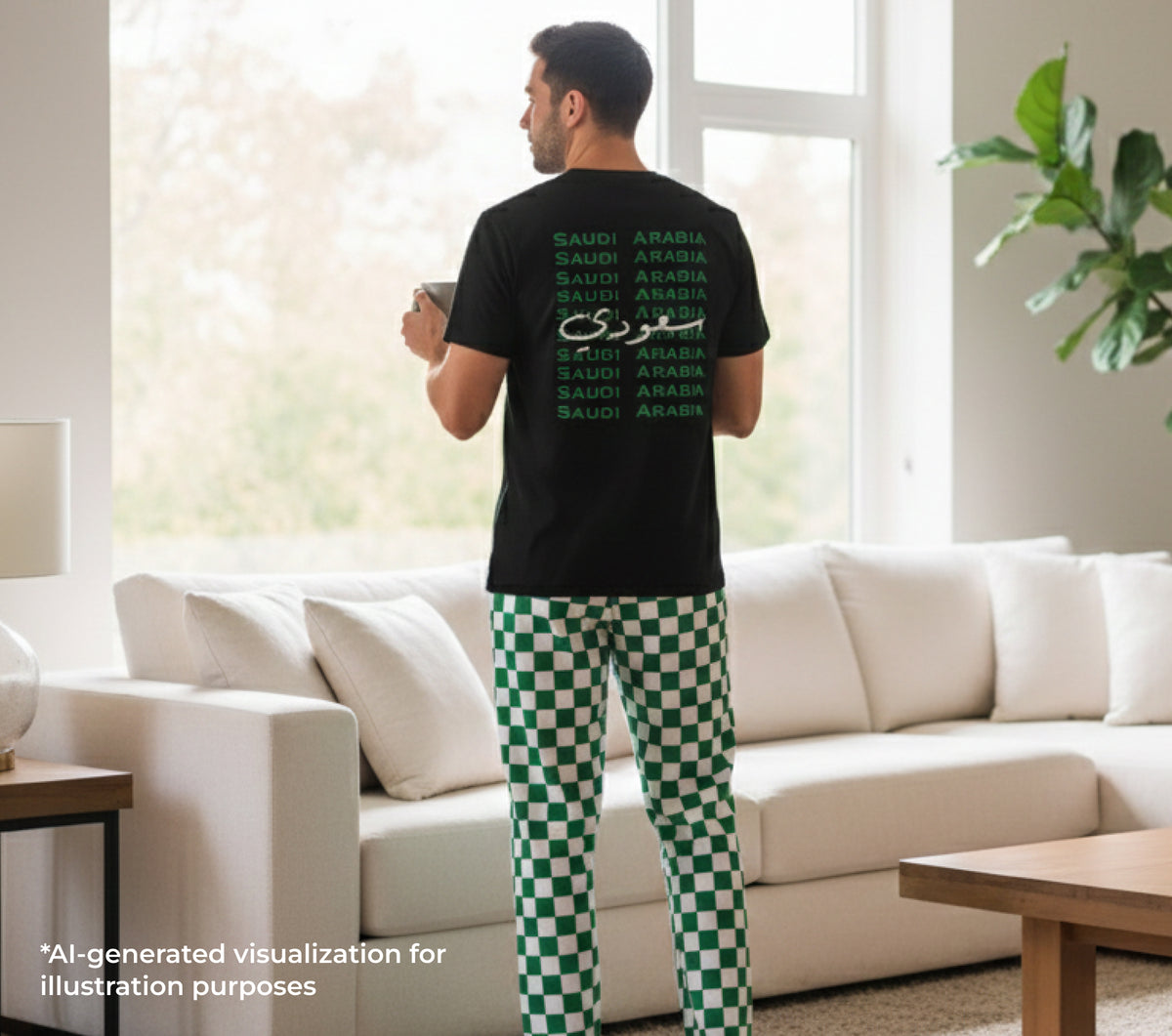 Man in a living room wearing a black t-shirt with 'Saudi Arabia' text and green checkered pants.