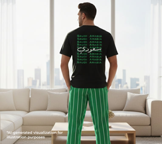 Person wearing a black t-shirt with 'Saudi Arabia' text in multiple languages in a living room.