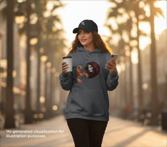 A woman wearing a dark heather hoodie with a scorpio attributes deisgn and a black dad hat with a scorpio symbol embroidered on it and she's walking with palm trees in the back.