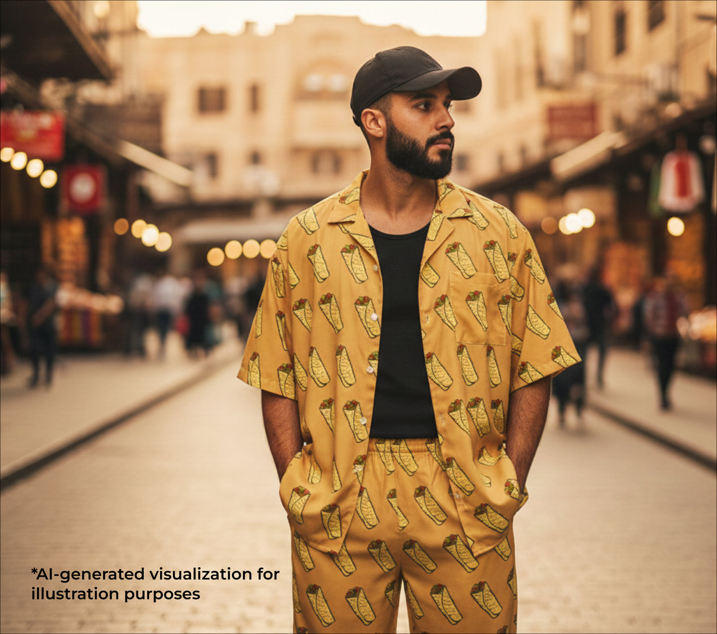 Man wearing a shawarma patterned outfit on a city street
