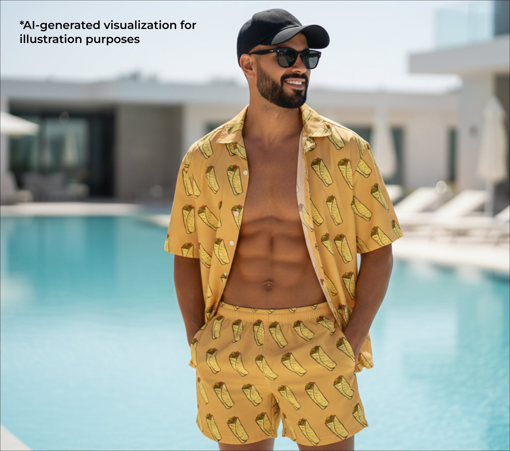 Man wearing a shawarma-patterned swimsuit by a pool