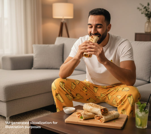Man in yellow pajama pants eating a shawarma in a living room.