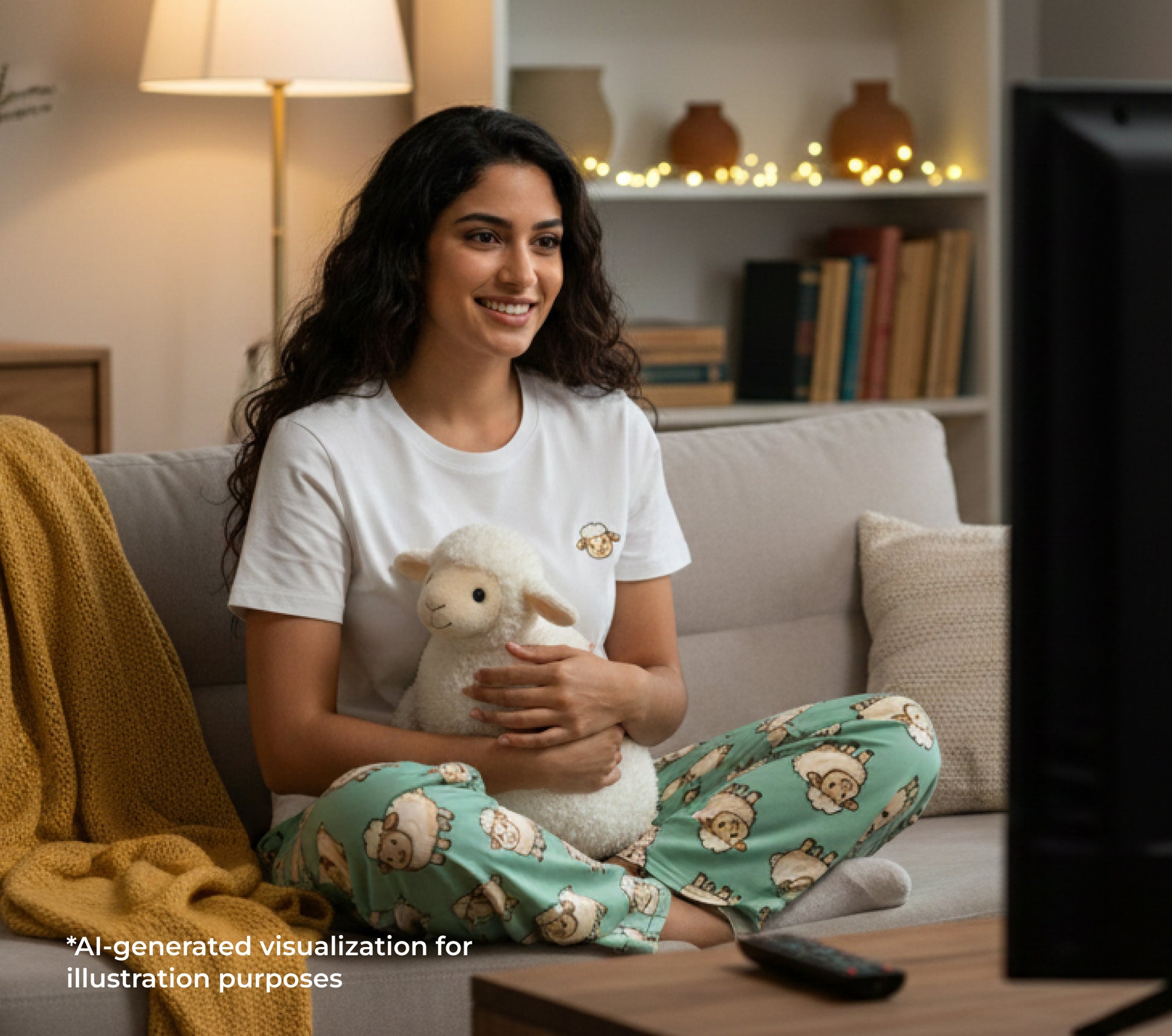 Woman sitting on a couch holding a sheep plush toy, wearing matching sheep loungewear with a home setting.